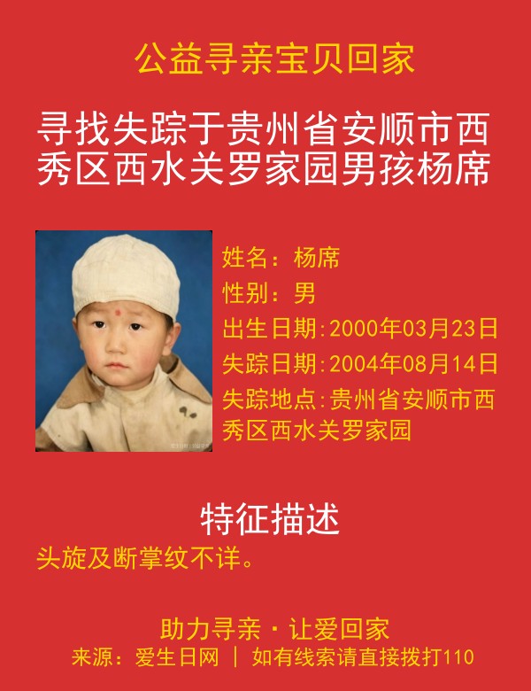 寻找失踪于贵州省安顺市西秀区西水关罗家园男孩杨席